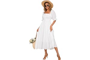 R.Vivimos Donne Abito Casual Bohémien Mezza Manica Scollo Quadrato Punto Floreale Vestito Lungo Midi Elegante da Spiaggia