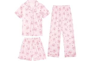 JiAmy pyjamasset för flickor, button-down-pyjamas, 3-delat set, färgglada tryckta nattkläder, kortärmade nattkläder 4-12 år