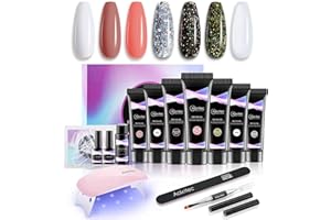Kit de Gel à Ongles Poly, Aokitec Gel d'Extension à Ongles Polygel DIY Kit d'Ongles en Acrylique, 7 Couleurs Vernis à Ongles Gel Construction Ongle, Salon Tout-En-Un Lampe UV LED (4 Pur + 3 Diamant)