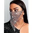 IYOU Bling Crystal Mesh Mask Black Tassel Face Chain Masquerade Masks With Crystal Pendant Parties Ball Costumes Belly Dance Stage Venetian Mardi Gras Dress Masks Jewelry for Women and Girls