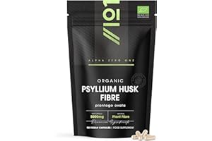 Organic Fibre Supplement 5000mg Psyllium Husk - Natural Prebiotic Fibre Supplement from Raw Plantago Ovata Seeds - 90 Vegan Capsules - Resealable and Recyclable Pouch by Alpha01