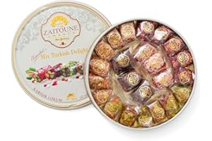 Zaitoune Turkish Delight Mix - 250 g | Luxury Assortment with Pomegranate, Pistachio & Rose Presented in a Beautiful Gift Tin | Authentic Lokum Sweets | Handmade in Turkey & Traditional Recipe