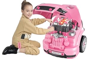 HOMCOM Kids Truck Engine Toy Set Toddler Educational Car Service Station w/RC Car Key Steering Wheel Horn Light, Mechanic Gifts for Ages 3-5 Years - Pink