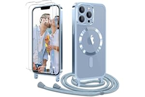 Ethanger Handyband für iPhone 13 Pro Hülle mit Band + 2 Stück Glas Schutzfolie Transparent Silikon Handyhülle Magnetische Schutzhülle für iPhone 13 Pro Blau