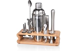 Quilamix 12-teiliges Cocktail Shaker Set mit Bambusständer, 750ml Edelstahl-Barkeeper-Set für Mixgetränke, Geschenk für Freunde, Männer, Frauen, mit Rezeptheft