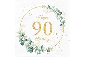 BUSCANDO 40Pcs 90th Birthday Day Napkins Sage Green Eukalyptus Birthday Day Party Table Decorations Disposable Paper Serviettes for Women Men Him Her Party Decorations