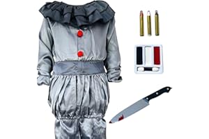 BLUE PLANET FANCY DRESS Kids Evil Clown Costume, Horror Halloween Fancy Dress Outfit, Matching Grey Set, Frilly Carnival Shirt, Elasticated Trousers and Plastic Knife, 7-12 Years, Unisex Girls & Boys Killer Clown