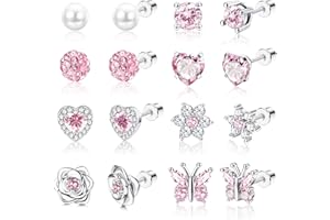 Diamday 20G Orecchini Bambina Anallergici, Donna Ragazze Acciaio Inossidabile 316L Orecchini a Bottone Con Perla Fiore Cuore Farfalla CZ Per Ragazze Adolescenti