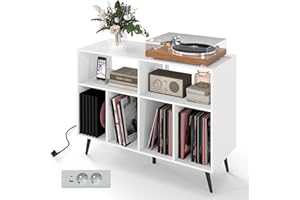KOMFOTTEU Supporto per Giradischi a 3 Livelli, Mobile Vinili con 4 Scomparti e 2 Ripiani Aperti, Espositore per Dischi con 5 Gambe in Metallo (Con Stazione di Ricarica, Bianco)