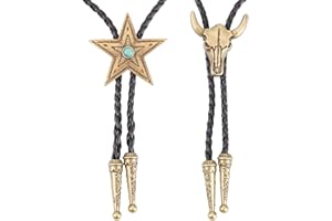 GORGECRAFT 2 Styles Leather Bolo Tie Necktie Horse Cow Skull Texas Ranger Star Chain Turquoise Western Cowboy Rope Cord Pendant Necklace Braided Jewelry for Men Rodeo Wedding Valentine's Day
