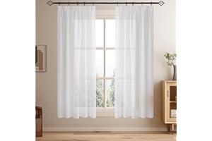 Softalker Vorhänge mit Kräuselband Gardinen Weiss Transparent in Leinen-Optik Voile Vorhang Kurz Durchsichtig Gardine schal 200 cm Hoch für Schlafzimmer Fenster Vorhang 140 cm Breit, 2er Set
