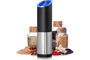 Mata1 Electric Spice Grinder (Black & Silver), Automatic Gravity Salt & Pepper Mill, Refillable w/Adjustable Coarseness, Stainless Steel Battery Operated Electronic Seasoning Grinder