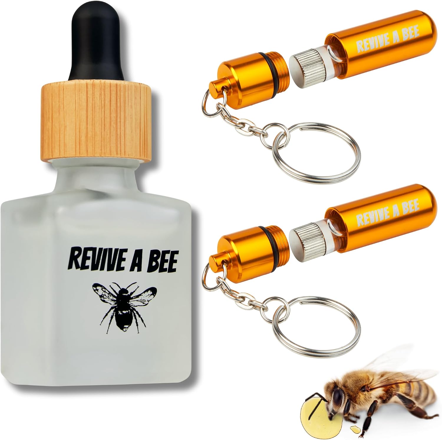 Revive a Bee Gift Box, 2 x Bee Revival Kit Keyrings, 1x Refill Bottle & Plantable Seed Paper, Gift For Eco-Conscious Nature Lovers