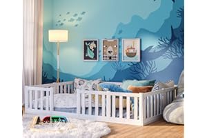 ‎BELLABINO Bellabino Tapi Kinderbett 140x200 cm, Montessori Bodenbett inkl. Rausfallschutz und Lattenrost für Jungen und Mädchen aus Kiefer Massivholz in weiß lackiert