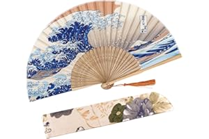 Amajiji Handfächer aus Bambusseide, faltbar, chinesisch/japanisch, elegant, Vintage-Retro-Stil, Damen, Mädchen, tolles Geschenk (japanische Meereswellen)