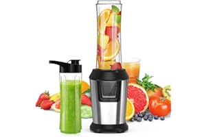 OQCSUAT Mixer, Smoothie Maker, 500W Standmixer to Go mit 2x600ml Smoothie Flaschen BPA frei Tritan,Tragbarer Blender Smoothie Maker aus Edelstahl 4-Blatt für Shake, Smoothie und Babynahrung, Silber