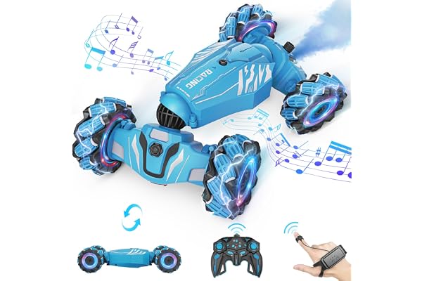 Dysaim Voiture Télécommandée Tout Terrain, 4WD Voiture Télécommandée avec la Main, 2,4Ghz 360° Rotation RC Stunt Car Musique Lumière et Spray, Cadeaux pour Garçons Filles Enfants 6 8 10 12 Ans, Bleu