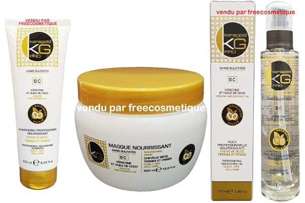 KERAGOLD PRO – Traitement Complet Sans Sulfates Gamme AB – Shampoing 250ml + Masque 500ml + Sérum 100ml – Kératine & Huile de Coco – Nutrition, Réparation & Douceur
