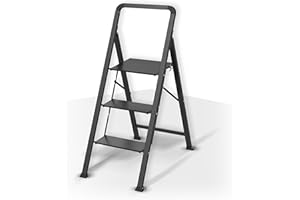 MSV - Scala Pieghevole 3 Gradini in Acciaio - Capacità 150 kg - Normativa GS Sicurezza - Design Compatto e Pieghevole, Risparmio di Spazio - Piedini Antiscivolo - Nero