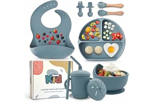 NIVAKID Coffret Repas Bebe en Silicone, Set Vaisselle 1er Age Complet, Idée Cadeau Naissance Bébé sans BPA avec Cuillère, Bavoir, Tasse et Assiette Bebe Ventouse Fille et Garcon, dme Bebe - Bleu