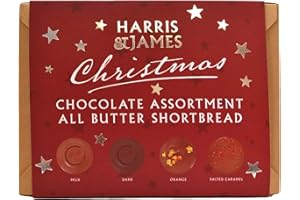 Harris & James Christmas All Butter Shortbread Biscuits Assortment Box. Contains Milk Chocolate, Dark Chocolate, Chocolate Orange and Salted Caramel (360g)