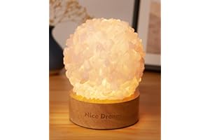 NICE DREAM Lampada in cristallo di quarzo rosa con base in legno, cristalli di guarigione dei chakra, luce notturna in cristallo naturale, decorazione della stanza regalo per anniversario e compleanno