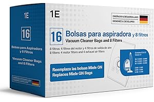 1E 16 bolsas para aspiradora [Reemplaza Miele GN] – Compatible con [Complete C3, C2, Classic C1] – Incluye 4 filtros de motor y 4 de salida – Para [S8340, S8000, S5000, S2000, S600] – Sustituye 9917730