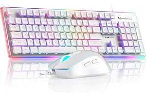 MageGee GK970 Gaming Keyboard and Mouse Combo, Wired Backlit Keyboard With Pink Mouse, Adjustable Sensitivity for PC/Laptop/MAC (White)