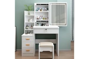 Zeaper Schminktisch mit LED-Beleuchtung Spiegel,Schminktisch mit Stuhl, Frisiertisch mit 3 Schubladen, 5 Ablagen, Modern Kosmetiktisch aus Holz