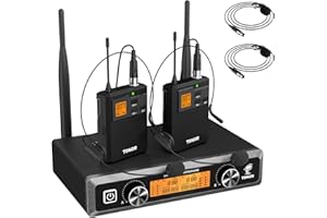 TONOR Sistema Microfono Wireless con Microfono archetto/Lavalier Microphone e Trasmettitore Bodypack e Ricevitore Metallici, 2x5 frequenze UHF, Distanza 60M Segnale stabile per Prestazioni Live