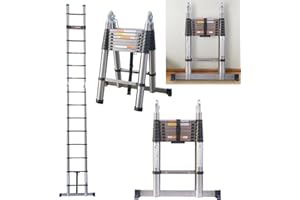 VICKYHOME 2.5M A Frame Telescopic Ladder Stainless Steel Loft Ladder, EN131 Safety Multi-Purpose Ladders Extendable Roof Ladder with Height Adjustable, Anti-Slip Rubber Feet, Portable Folding Ladder
