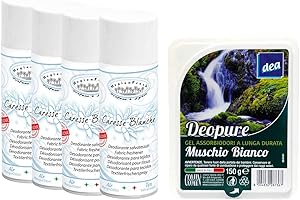 MANIOLAV HYGIENFRESH TINTOLAV Set 4 Pezzi Deodorante Salva Tessuti Spray, fragranza Caresse Blanche Formato 400ml più Gel assorbi odori a Lunga Durata Muschio Bianco 150 G