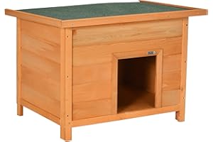 PawHut Hundehütte Outdoor, Hundehaus aus Holz mit Aufklappbares Asphaltdach, wasserdichte Hundehöhle mit Erhöhter Boden Hütte für kleine Hunde, Gelb, 82 x 58 x 58 cm