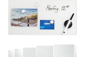 Relaxdays Pizarra magnética de cristal, 20 x 40 cm, 3 imanes, rotulador, portalápices, oficina y cocina, cristal de seguridad, pizarra magnética, color blanco