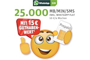 WhatsApp SIM Prepaid - Starterpaket mit 15 EUR Guthabenwert, ohne Vertragsbindung, Option mit 25.000 Einheiten (MB/MIN/SMS), Surf-Geschwindigkeit: 50 MBit/s 5G