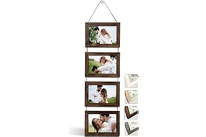 NEOWS Portafotos Múltiple Decorativo para Colgar en Pared - Marcos de Fotos Multiples de Madera Con Cuerda - Collage Portarretratos Colgante - Fotos 10x15 cm (Madera Envejecida, 4 Fotos Horizontal)