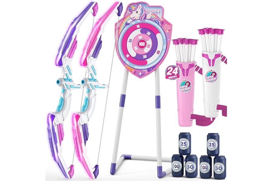 HYES Bow and Arrow for Kids, LED Light Up Archery Set with Suction Cup Arrows, Standing Hanging Target, Score Targets, Quiver, Indoor Outdoor Sport Gifts for Boys Girls Ages 4-12