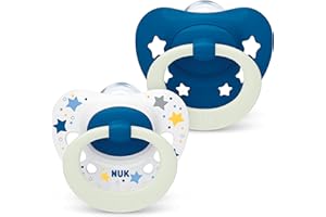 NUK Signature Night smoczek dziecięcy, 6-18 miesięcy, uspokaja 95% niemowląt, silikonowy smoczek bez BPA, w kształcie serca, świeci w ciemności, z etui, niebieskie gwiazdki, 2 sztuki