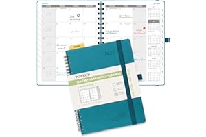 POPRUN Monthly Planner 2024-2025 22x16.5cm (18-Month: Jul'24 - Dec'25) Academic Diary A5 Month to View only Spiral Softcover, Sunday Start (Pacific Green)