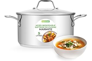 NutriChef Marmite- Faitout Inox de 5 Litres - 18-8 Qualité Alimentaire Résistant Tous Feux- Faitout-Grande Marmite- Pot à Mijoter, Pot à Soupe avec Couvercle Transparent, Compatible Lave-Vaisselle