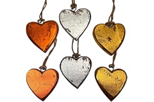 ‎MARZOON Marzoon Massive Holzherzen zum Hängen im 6er Set je 4 x 5 cm - Rustikale Deko Herzen im Shabby Chic Look mit Metalleffekt in Silber, Bronze & Gold