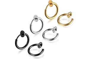 JewelryWe Bijoux 6PCS Boucles d’Oreilles Anneau Clips d’Oreilles Non-Percées Clicker Acier Inoxydable Fantaisie Mixte Avec Sac Cadeau Couleur Noir Argent Or