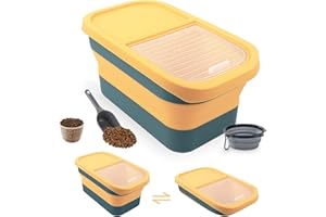 Druuzyl Conteneur à Croquettes pour Chien/Chat 5KG - Boîte de Stockage Pliable avec Cuillère et Tasse à Mesurer,Bowl pliable pour chien, jaune, Seau Hermétique pour Nourriture et Friandises Animaux