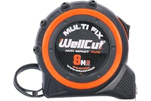 Wellcut Cinta métrica retráctil profesional, cinta métrica magnética de 8 m, 25 mm de ancho, sistema multifijación, clip de cinturón de metal, negro/naranja