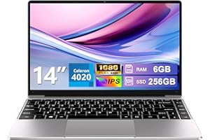 HUQPPQ 14 Inch Laptop Celeron N4020 Processor 6GB RAM 256GB SSD WIN11 Laptops | FHD 1920×1080 IPS Display | WiFi 5, USB 3.0, Webcam | Ideal for Business, School & Work - Silver