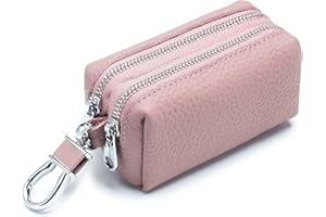 RRvane Genuine Leather Car Key Case, Unisex Double Zipper Keychain Wallet Coin Purse Bag with Metal Hook (Pink)