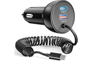 LUOSIKE 75W Cargador Coche Carga Rapida USB-C/A con Cable Espiral 1.2m Tipo-C, Cargador Mechreo Coche USB C Movil, Carregador Isqueiro Carro 12V para iPhone 17 16 16e 15 Pro MAX, Samsung Galaxy S25 S24 Ultra