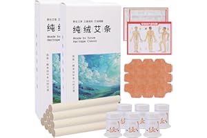 FXKJ Moxibustion Kit, 20 PCS Moxa Sticks High Purity Natural with 6 PCS Moxa Box Temperature Adjustable, 60 Stickers and 1 Acupoint Map for Self Therapy