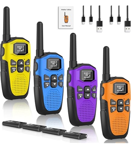 NXGKET 4 stuks oplaadbare walkietalkies voor kinderen, lange reikwijdte met geïntegreerde lithium-ionbatterij, USB type C-kabel, 16 kanalen voor buitenspelen, kamperen, wandelen