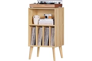 LELELINKY Soporte para tocadiscos, soporte para tocadiscos, puede acomodar hasta 160 álbumes, soporte de almacenamiento de vinilo Mid-Century con patas de madera, estante para tocadiscos, mesa auxiliar natural